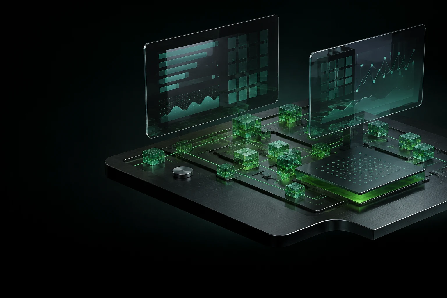 Ilustración de módulos de software conectados y paneles de datos en vidrio